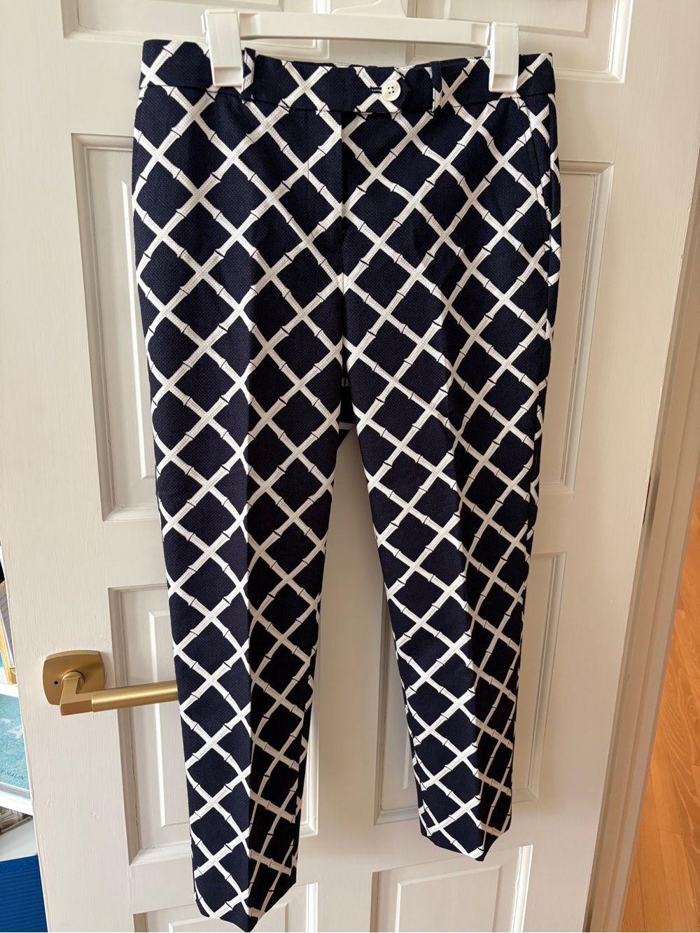 Brooks Brothers Navy White Ankle Pants Lattice Bamboo cotton textured Sz 6 Exc